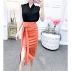 Sleeveless V-neck Blouse / Tie-waist Side-slit Midi Straight-fit Skirt