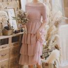 Off-shoulder Elbow-sleeve Mid A-line Dress
