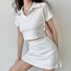 Set : Cropped Polo-collar Short-sleeve Top + High-waist Plain A-line Skirt