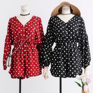 Set: V-neck Dotted Chiffon Shirt + Shorts