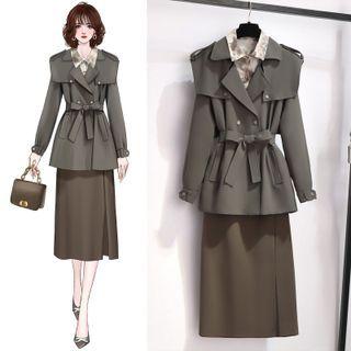 Plain Trench Jacket / Tie-dye Print Shirt / Midi A-line Skirt