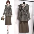 Plain Trench Jacket / Tie-dye Print Shirt / Midi A-line Skirt