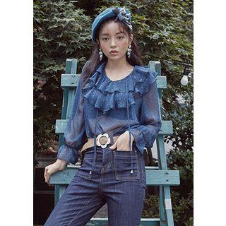 Ruffle-neck Pattern Sheer Top