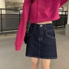 High-waist Stitch A-line Denim Mini Skirt