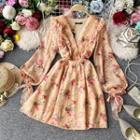 Frill-trim Tie-sleeve Retro Floral Chiffon Dress Pink & Yellow - One Size