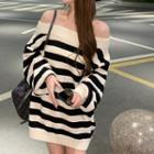 Off-shoulder Stripe Loose Fit Sweater Stripe - One Size