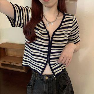 Short-sleeve Striped Zipped T-shirt