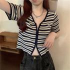Short-sleeve Striped Zipped T-shirt