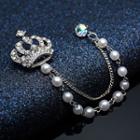 Crown Rhinestone Faux Pearl Chained Brooch Silver - One Size