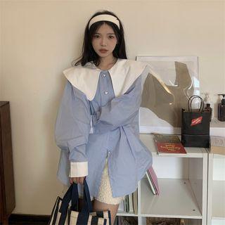 Collared Button-up Blouse Light Blue - One Size