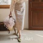 Flap-pocket Long Tweed Skirt