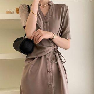 Short-sleeve Tie-side Midi A-line Dress