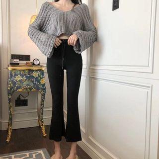 V-neck Cropped Knit Top / Boot-cut Pants