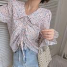 Puff-sleeve Floral Print Drawstring Blouse Pink - M