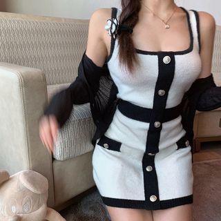 Spaghetti Strap Two Tone Mini Sheath Knit Dress White - One Size