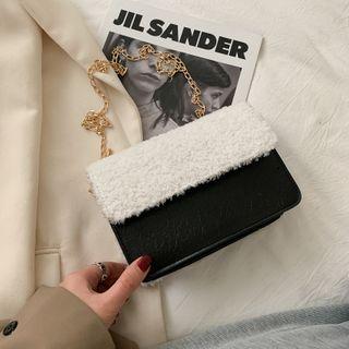 Chain Two-tone Fluffy Panel Crossbody Bag