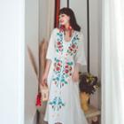 Flower Embroidered Drawstring-waist Midi A-line Dress