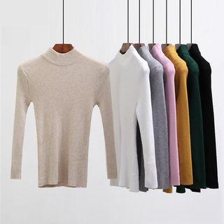 Plain Mock-neck Long-sleeve Knit Sweater