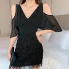 Elbow-sleeve Cold Shoulder Fringed Dress