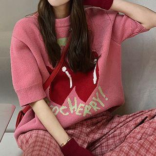 Short-sleeve Cherry Jacquard Knit Top Cherry - Pink - One Size