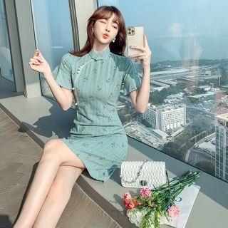 Short-sleeve Floral Faux Pearl Mini Sheath Qipao Dress