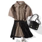 Short-sleeve Plaid Shirt / Pleated A-line Skirt