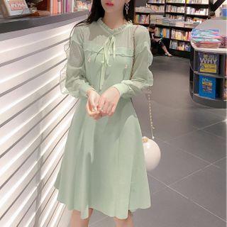 Ruffle Trim Mesh Panel A-line Dress