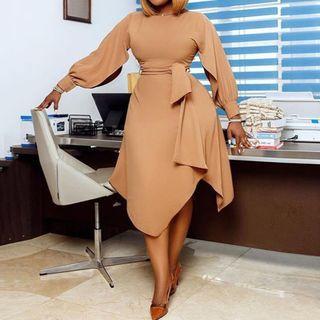 Long-sleeve Asymmetrical Tie-waist A-line Dress