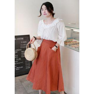 3/4-sleeve Lace-trim Frilled Cotton Top
