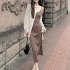 Long-sleeve Lace-up Blouse / Sleeveless Plain Midi Dress