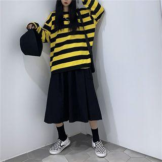 Long-sleeve Striped T-shirt / Midi Skirt / Set