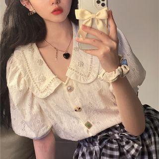 Puff-sleeve Faux Pearl Floral Blouse Almond - One Size