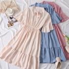 Gathered-waist Ribbon-neckline A-line Dress