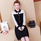 Long-sleeve Lace Panel Collared A-line Dress