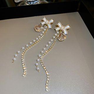 Bow Rhinestone Faux Pearl Fringed Earring 1 Pair - Stud Earrings - White & Gold - One Size