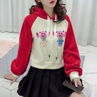 Pig Applique Color Block Hoodie
