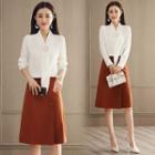 Set: V-neck Chiffon Blouse + Double-breasted A-line Skirt