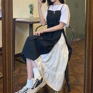 Set: Spaghetti Strap Mock Two-piece Midi A-line Dress + T-shirt