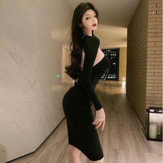 One-shoulder Asymmetrical Midi Bodycon Dress Black - One Size