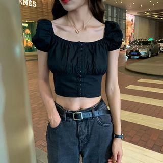 Plain Square-neck Short-sleeve Crop Top Black - One Size