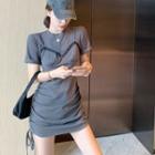 Drawstring Short-sleeve Slim-fit Dress Gray - One Size