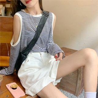 Long-sleeve Cutout Striped Top / Plain Loose-fit Shorts