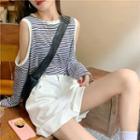 Long-sleeve Cutout Striped Top / Plain Loose-fit Shorts