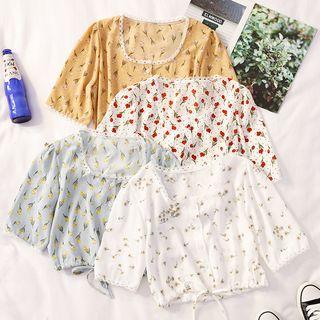 Printed Square-neck Drawstring-hem Top