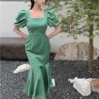 Square-neck Puff Sleeve Maxi Mermaid Dress