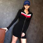 Long-sleeve Color Block Front-zip Mini Bodycon Knit Dress