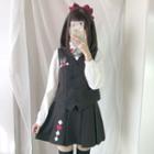 Embroidered Long-sleeve Blouse / Vest / Pleated Mini Skirt