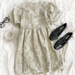 Puff-sleeve Embossed V-neck Dress Dress - One Size