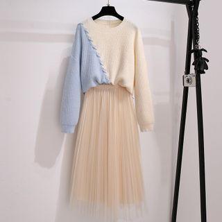 Two-tone Sweater / Mesh Midi A-line Skirt / Set