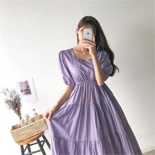 Puff-sleeve Tiered Long Empire Dress